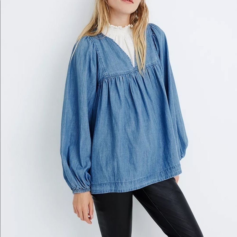 Madewell Denim Shirred Balloon-Sleeve Peasant Top Chambray Blue Size XS